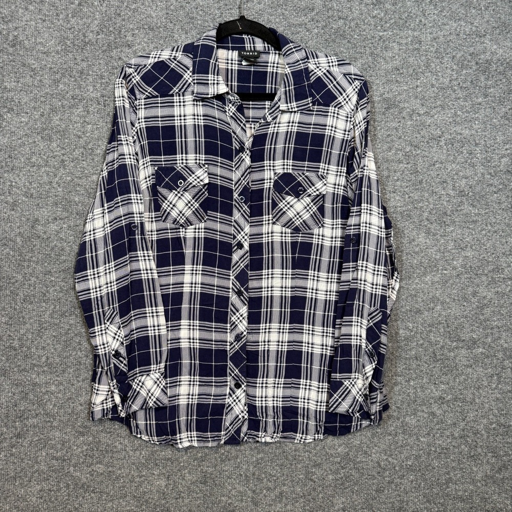 Torrid Shirt Womens 0X XL Blue Plaid Button Front Blouse Plus Size Casual